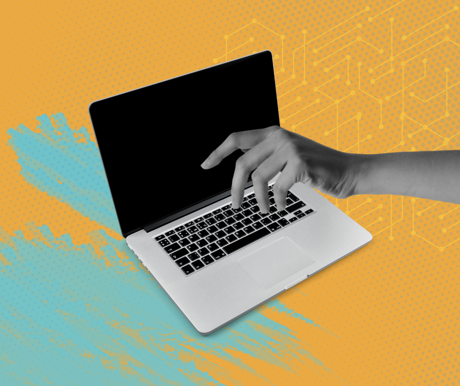 Illustration of person using a laptop.